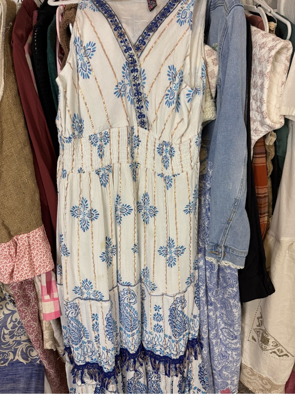 Blue & white maxi dress with fringe
